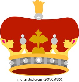 Corona. En el fondo hay un fondo blanco. Consiste en una almohada roja y varias perlas. Ilustración vectorial.