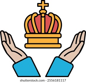 A crown is being held by two hands, symbolizing protection and authority. Concept of power and importance, as the crown is often associated with royalty and leadership