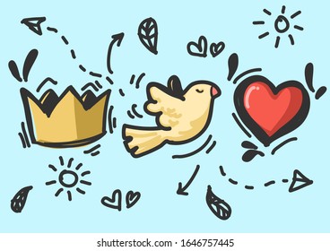 Crown, bird, heart, cartoon drawing vector Can be applied to various designs.
