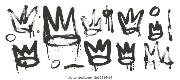Crown black brush stroke drawn set. Spray graffiti paint king elements with drops isolated on white background. Grunge brush textured shapes. Urban street scribbles. Vector illustration.