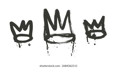 Crown black brush stroke drawn set. Spray graffiti paint elements isolated on white background. Grunge brush textured shapes. Urban street doodle figures and scribbles. Vector illustration.