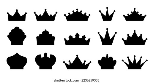 Crown black heraldic silhouette set. King award crowns emperor sign. Kingdom luxury monarch element. Queen power isolated emblem. Royal princess heraldic symbol. Prince lord vintage medieval icon