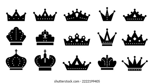 Crown black silhouette icon set. King royal heraldic element. Princ queen princess monarch lord kingdom luxury symbol for stencil, scrapbooking stamp, laser engraving cutting. Premium quality sign