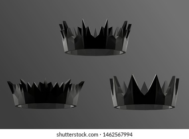 Crown in Black and White. Dark Set of Crowns. Low Poly Vector Greyscale Silhouette 3D Rendering