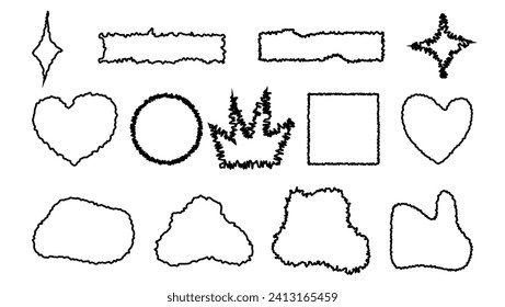 Crown and blob jagged frame edge vector. Rough torn grunge shape set for collage. Rip cut strip border for craft banner or text boarder. Blank black vintage tattered silhouette template collection.