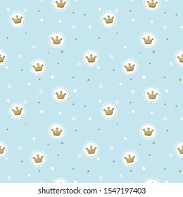 Crown Blue Seamless Pattern For Baby Shower Boy Party, Nursery Wallpaper. Wrapping Paper Design With Regal Golden Beige Simbols. 