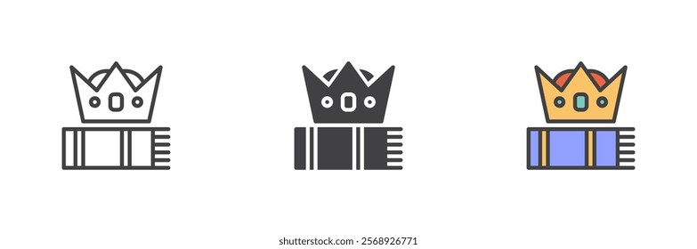 Crown and book icon. Higher education line and glyph version, outline and filled vector sign. linear and full pictogram. Symbol, logo illustration. Different style icons set