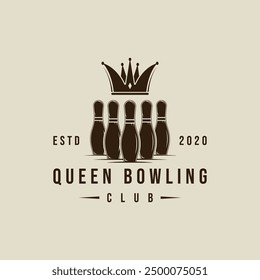 crown and bowling pins logo vector vintage illustration template icon graphic design. sport sign or symbol for club team or competition champions league concept