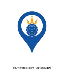 El cerebro de la corona y el diseño de iconos de forma de gps. Diseño de logotipo vectorial Smart King. El cerebro humano con diseño de iconos de la corona.