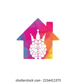 Das Logo des Kronhirnmodells wird nach Hause geformt. Intelligentes King-Vektorlogo-Design. Menschliches Gehirn mit Kronsymbol-Design.	
