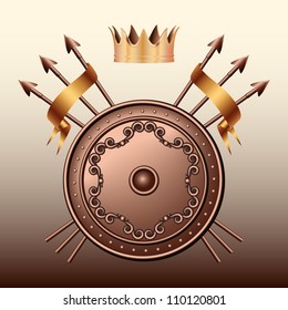 Crown, Bronze shield and crossed spears. Vector illustration