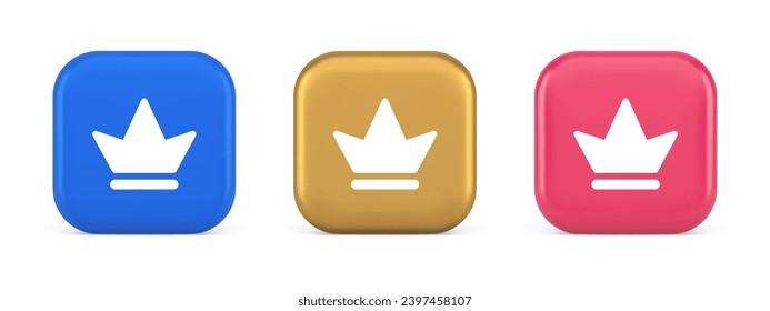 Crown button royal medieval king queen headdress web app 3d realistic blue gold and pink icons. Corona power achievement success best award user interface panel