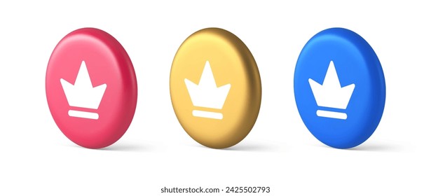 Crown button royal medieval king queen headdress web app 3d realistic blue gold and pink icons. Corona power achievement success best award user interface panel