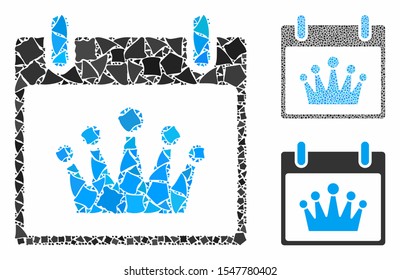 Crown calendar day composition of ragged items in variable sizes and color tints, based on crown calendar day icon. Vector tremulant elements are organized into composition.