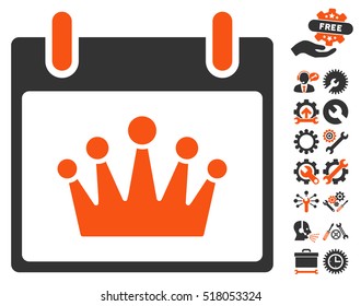 Crown Calendar Day icon with bonus service pictures. Vector illustration style is flat iconic symbols, orange and gray, white background.