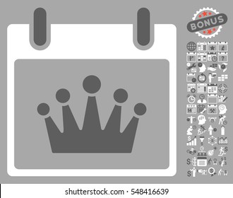 Crown Calendar Day icon with bonus calendar and time management pictures. Vector illustration style is flat iconic symbols, dark gray and white, silver background.