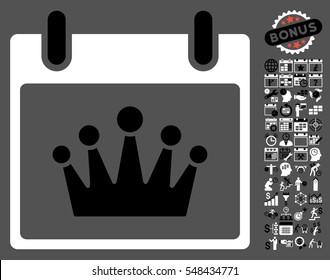 Crown Calendar Day icon with bonus calendar and time management design elements. Vector illustration style is flat iconic symbols, black and white, gray background.