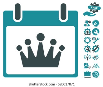 Crown Calendar Day pictograph with bonus configuration pictograms. Vector illustration style is flat iconic symbols, soft blue, white background.