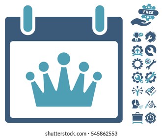 Crown Calendar Day pictograph with bonus service symbols. Vector illustration style is flat iconic symbols, cyan and blue, white background.