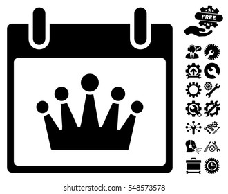 Crown Calendar Day pictograph with bonus settings graphic icons. Vector illustration style is flat iconic symbols, black, white background.