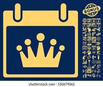 Crown Calendar Day pictograph with bonus calendar and time management pictograph collection. Vector illustration style is flat iconic symbols, yellow, blue background.