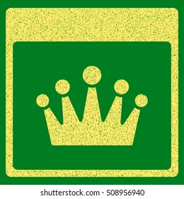 Crown Calendar Page grainy textured icon for overlay watermark stamps. Flat symbol with dust texture. Dotted vector yellow ink rubber seal stamp with grunge design on a green background.