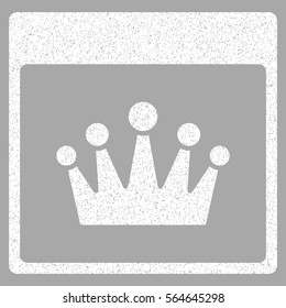 Crown Calendar Page grainy textured icon for overlay watermark stamps. Flat symbol with dirty texture. Dotted vector white ink rubber seal stamp with grunge design on a silver background.