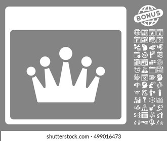 Crown Calendar Page icon with bonus calendar and time management pictograph collection. Vector illustration style is flat iconic symbols, white, gray background.
