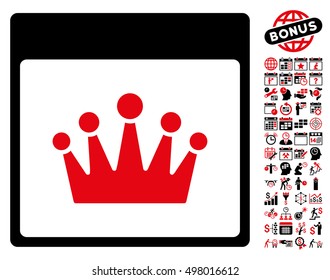 Crown Calendar Page pictograph with bonus calendar and time management design elements. Vector illustration style is flat iconic symbols, intensive red and black, white background.