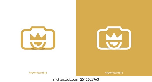 Logotipo da Crown Camera. Lente da câmera e ícone de coroa com estilo minimalista. Logotipo da câmera real, Ícone, Símbolo, Vetor, Inspiração do design.