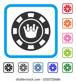 Crown Casino Chip icon. Flat grey pictogram symbol inside a blue rounded rectangle. Black, gray, green, blue, red, orange color variants of crown casino chip vector. Designed for web and software UI.
