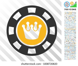 Crown Casino Chip pictograph with 7 hundred bonus bitcoin mining and blockchain symbols. Vector illustration style is flat iconic symbols designed for blockchain software.