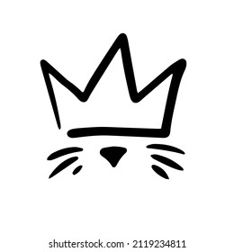 Crown cat. Doodle black line sketch art icon. Cute cartoon kids design. Outline drawing logo minimal style.