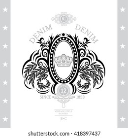 Crown In Center Of Oval Frame Between Pattern And Laurel Elements. Vintage Label Isolated On White