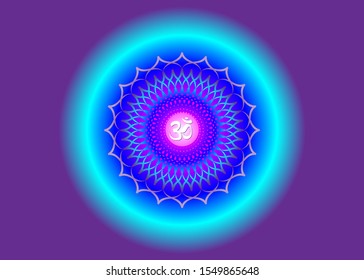 Crown Chakra Sahasrara. 7th chakra is located at the top of the head. It represent states of higher consciousness and divine connection. Sacred geometry flower mandala purple color for meditation
