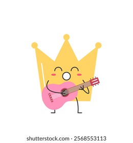 Crown character cartoon plays the guitar sings happy smile cute kawaii vector illustration.