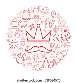 crown and Christmas element icons on white background