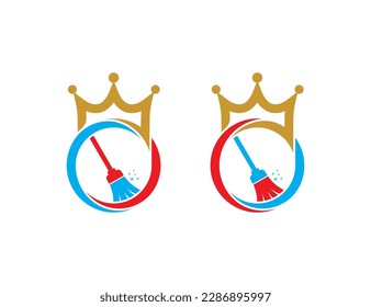 Crown Cleaning Service Logo Concept symbol icon sign Element Design. Broom Logotype. Vector illustration template