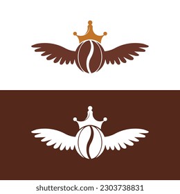 Crown Coffee Bean Wings Logo Design. Flying Coffee Logo Template.