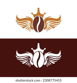 Crown Coffee Bean Wings Logo Design. Flying Coffee Logo Template.