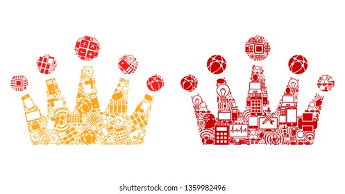 Crown collage icons created for bigdata illustrations. Vector crown mosaics are organized from computer, calculator, connections, wi-fi, network icons into abstract illustration. Usual and red colors.