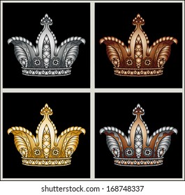 Crown collection, ornamental vector illustration isolated on black