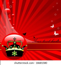 Crown with colorful ornaments, red bubbles and butterfly shapes