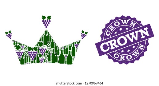 Crown composition of alcohol bottles and grape and grunge stamp seal. Isolated vectors in green and purple colors on a white background for bars, alcohol shop banners, ads, concepts.