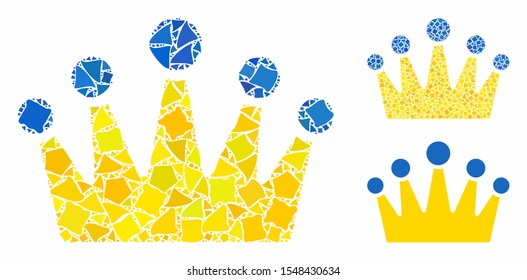 Crown composition of tuberous pieces in various sizes and color hues, based on crown icon. Vector tuberous pieces are grouped into collage. Crown icons collage with dotted pattern.