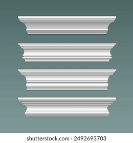 Crown cornice trim for ceiling. Wall moulding isolated frame. Decorative plaster stucco strip vector. 3d plinth pattern with bevel ornament render set. Decor relief ledge border object illustration