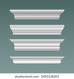 Crown cornice trim for ceiling. Wall moulding isolated frame. Decorative plaster stucco strip vector. 3d plinth pattern with bevel ornament render set. Decor relief ledge border object illustration