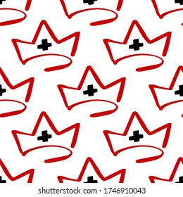 Crown with cross. Coronavirus doodle seamless print. Medical concept. Pattern background with symbols of covid pandemic 2020 year.