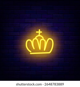 Coroa com símbolo de néon cruzado. Igreja Católica. Estilo de esboço desenhado à mão. Cabeça de Rei e Rainha. Ilustração vetorial