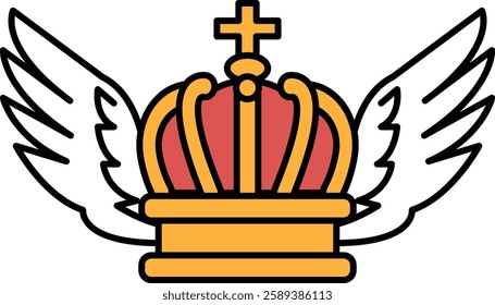A crown with a cross on top and wings on either side. The crown is gold and red